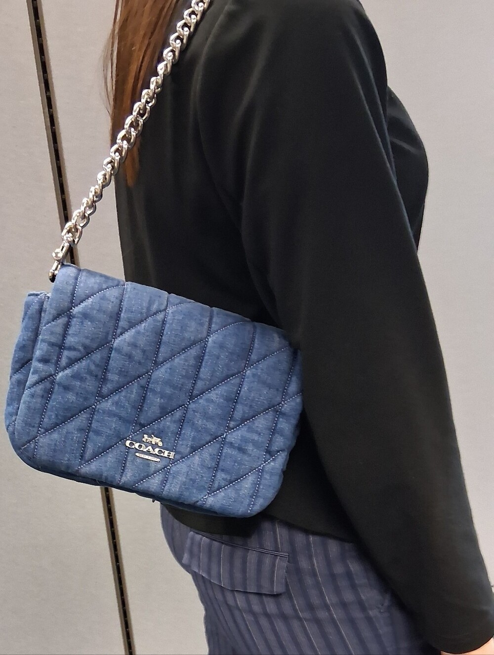 Coach Quilted Denim Shoulder Bag with Silver Chain